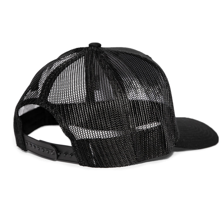 A classic black trucker hat with embroidered metal witch on the front.