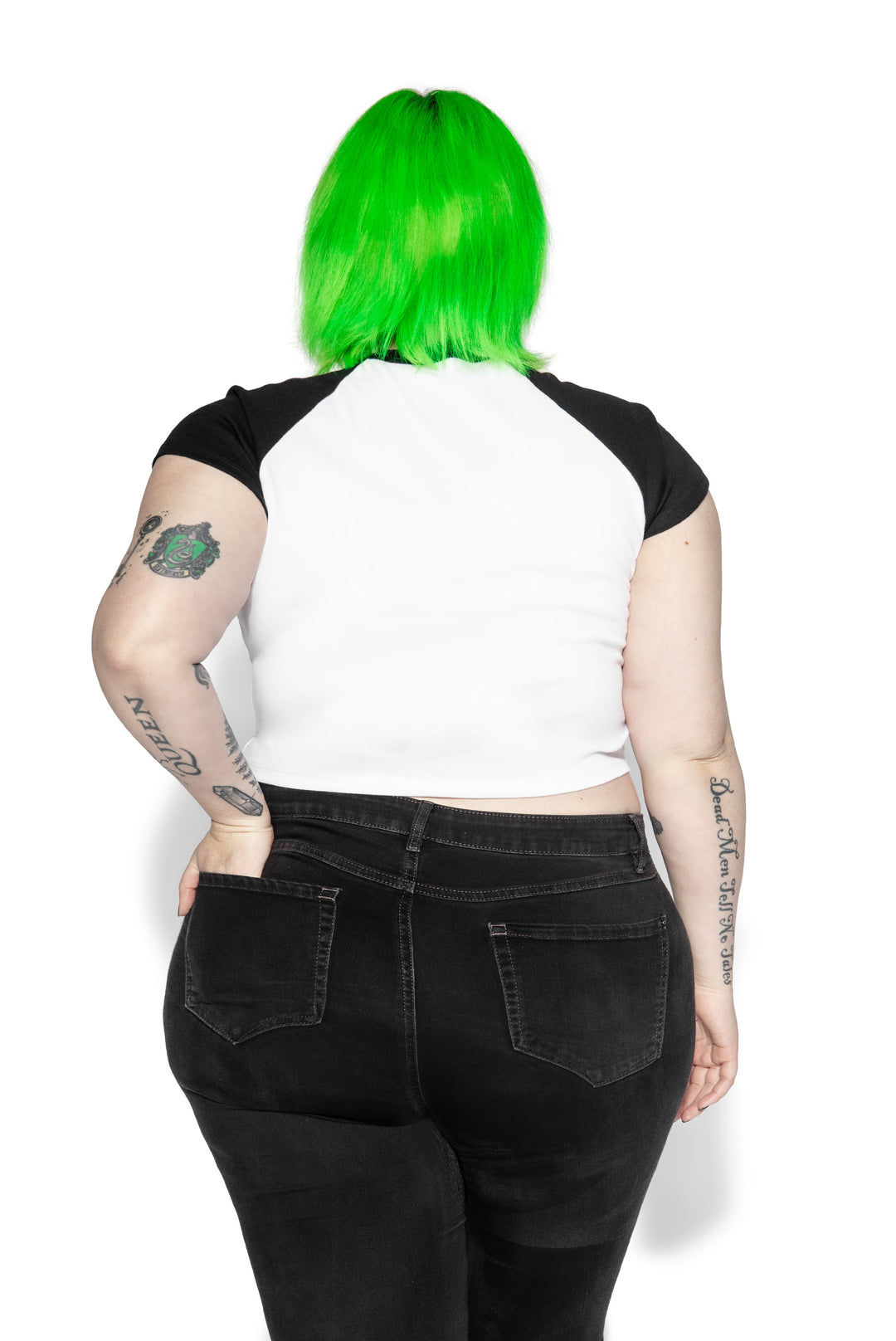 A stretchy raglan tee in white and black with Low Key Goth artwork on the front. 