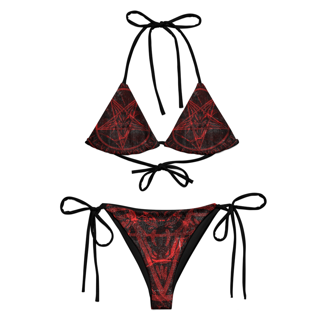 Red and black bikini set with geometric pattern in red