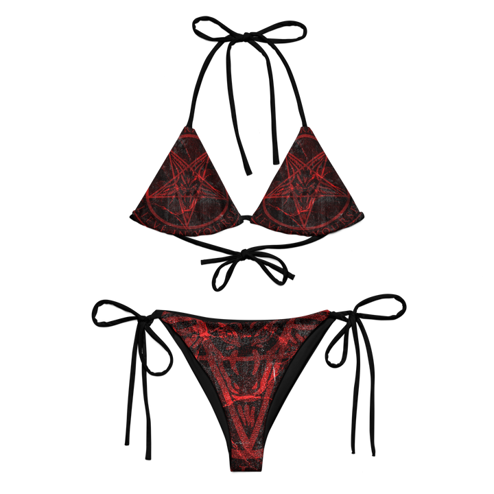 Red and black bikini set with geometric pattern in red