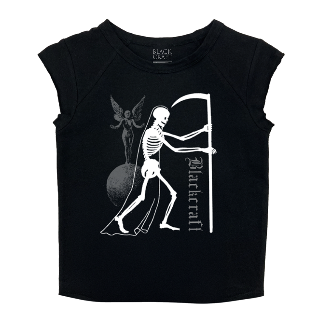 A black slim fit cropped tee with a high crew neckline, short cap sleeves, and custom Skeleton Reaper artwork on the front.