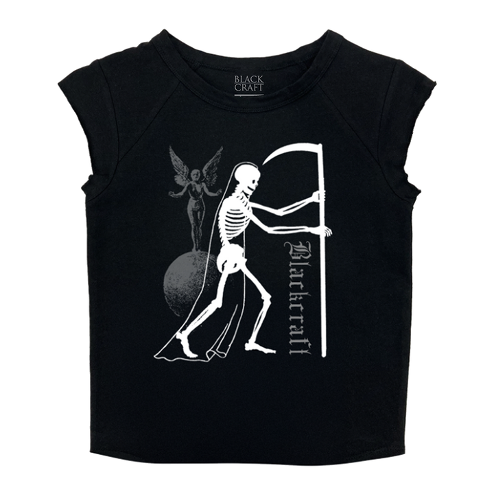 A black slim fit cropped tee with a high crew neckline, short cap sleeves, and custom Skeleton Reaper artwork on the front.