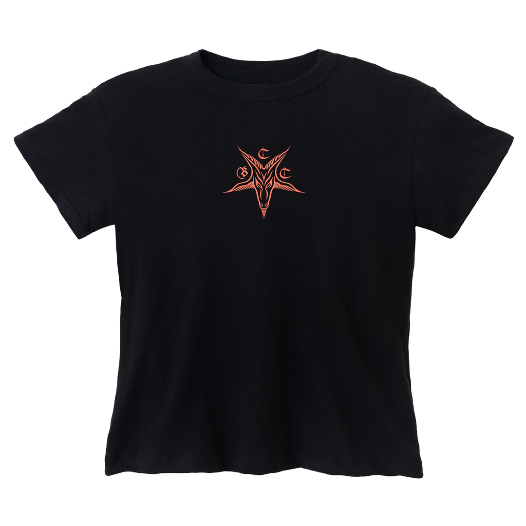 A classic black cotton baby tee with custom small baphomet artwork on the front, from Blackcraft. 