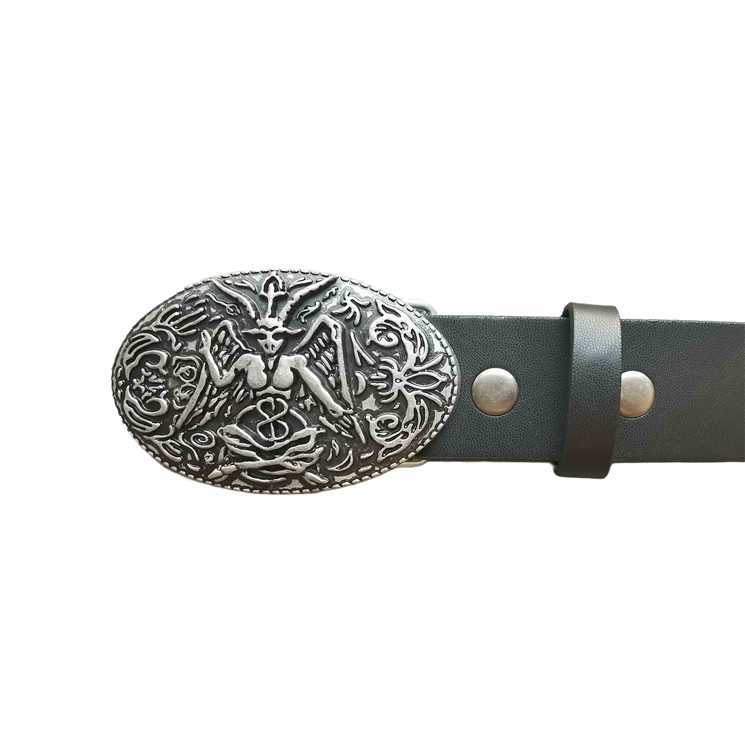 A soft vegan leather belt with oversized metal Baphomet buckle.