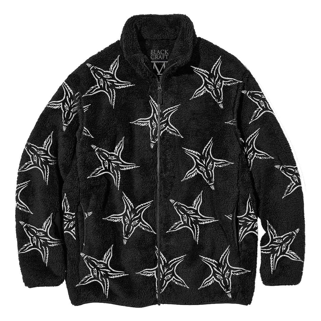 A relaxed fit zip up fleece made from ultra soft and cozy fleece. Featuring an allover Baphomet print.