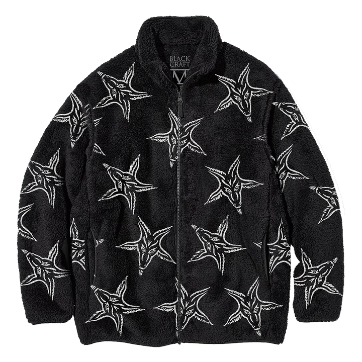 A relaxed fit zip up fleece made from ultra soft and cozy fleece. Featuring an allover Baphomet print.
