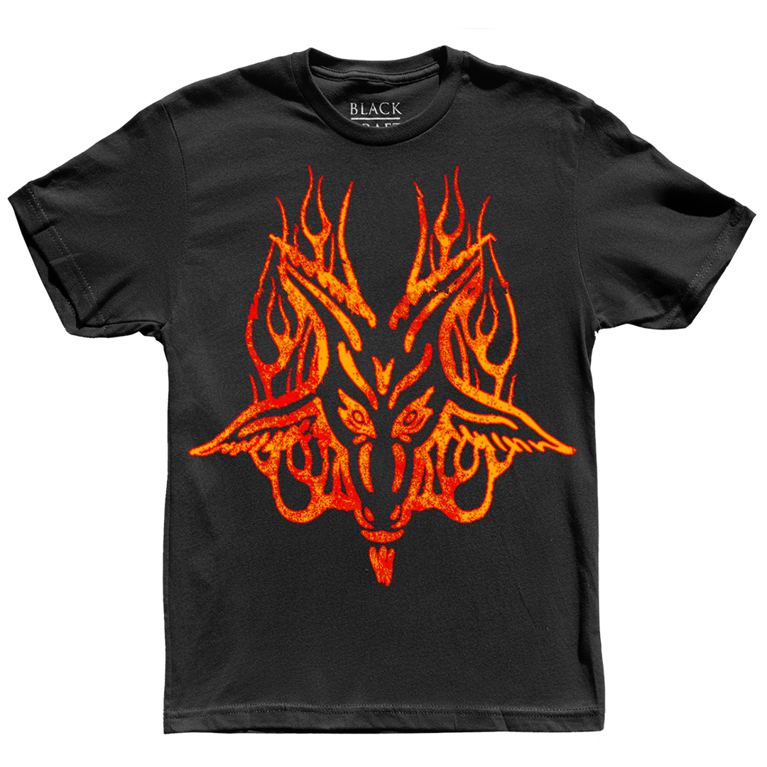 A classic black tee with orange and red baphomet artwork on thr front, from Blackcraft.