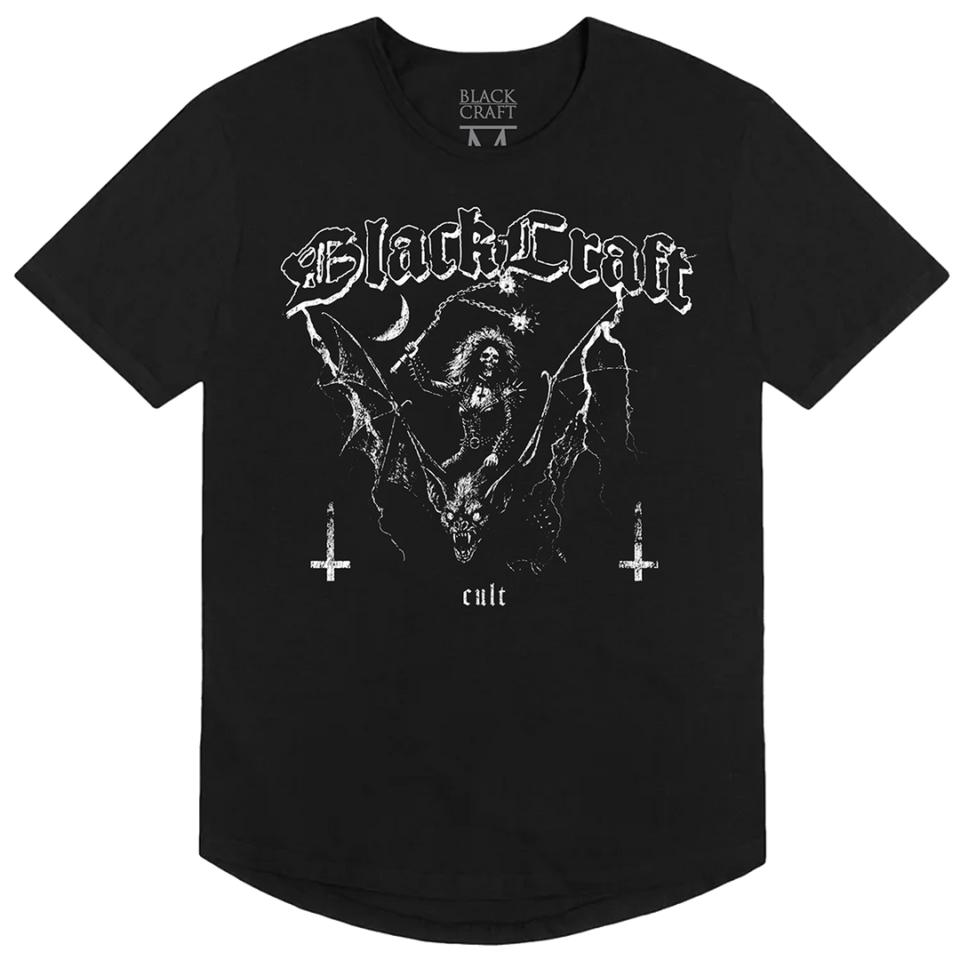 A black cotton tee with a curved hemline and custom Blackcraft artwork on the front. 