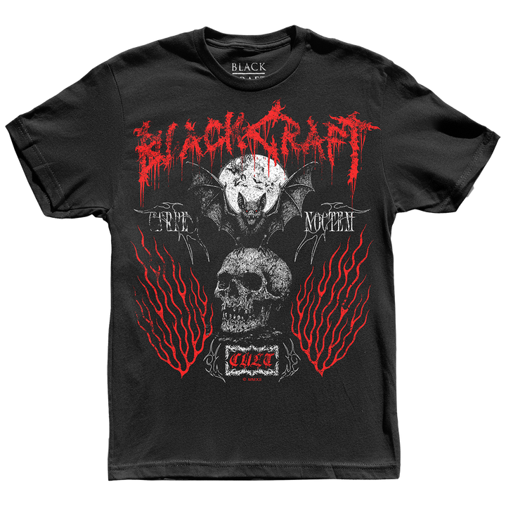 A classic black cotton tee with custom Blackcraft artwork across the front. 