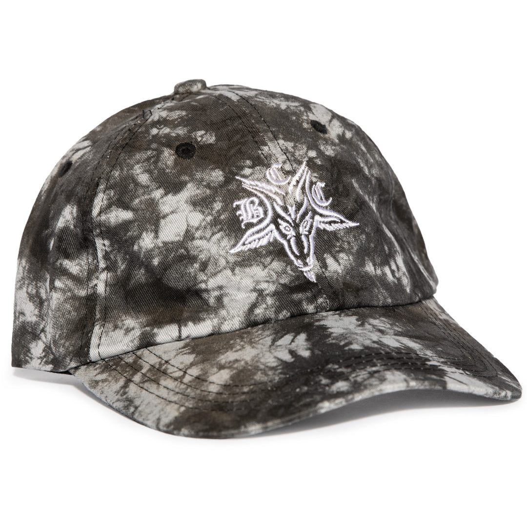 A classic cotton twill dad hat in a tie dye design. With an embroidered Baphomet goat on the front, from Blackcraft
