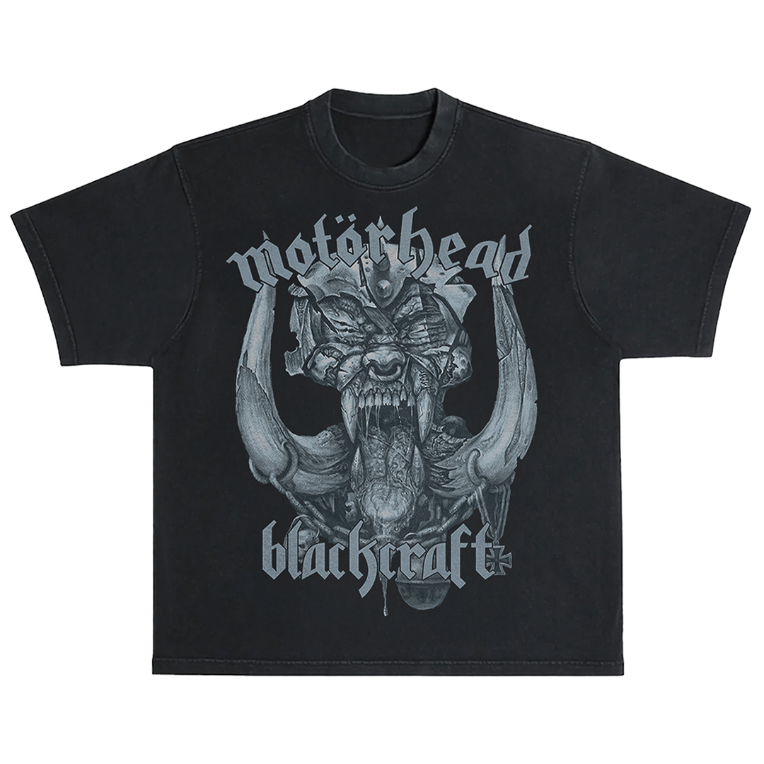 A classic black cotton tee with custom Motorhead x Blackcraft artwork on the front and back. 
