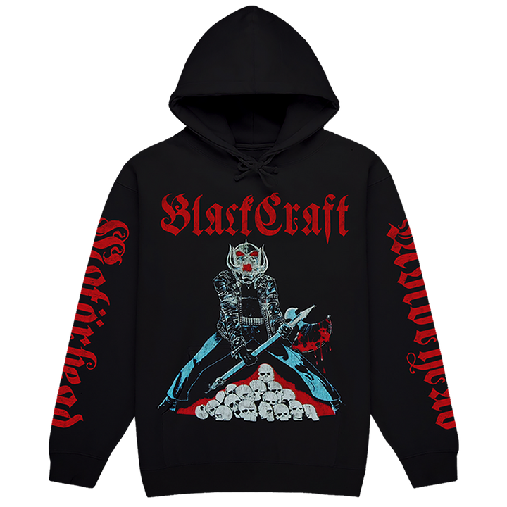 A classic black pullover hoodie with custom Motorhead x Blackcraft artwork on the front, back and along the sleeves. 