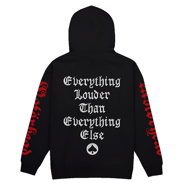 A classic black pullover hoodie with custom Motorhead x Blackcraft artwork on the front, back and along the sleeves. 