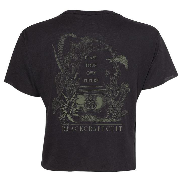 A loose fit black Blackcraft cropped top with custom plant witch artwork on the front and back.