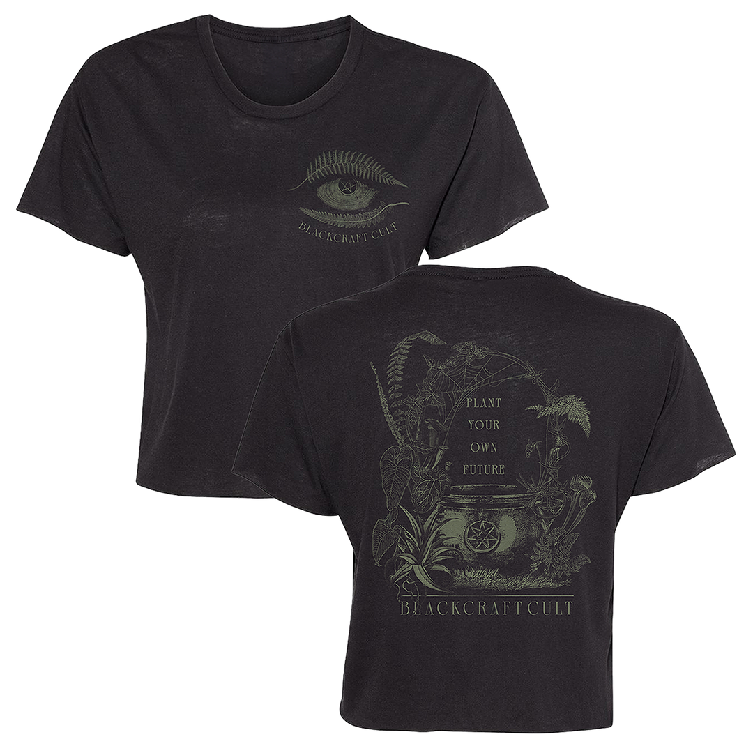 A loose fit black Blackcraft cropped top with custom plant witch artwork on the front and back.