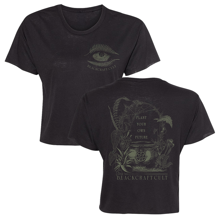 A loose fit black Blackcraft cropped top with custom plant witch artwork on the front and back.