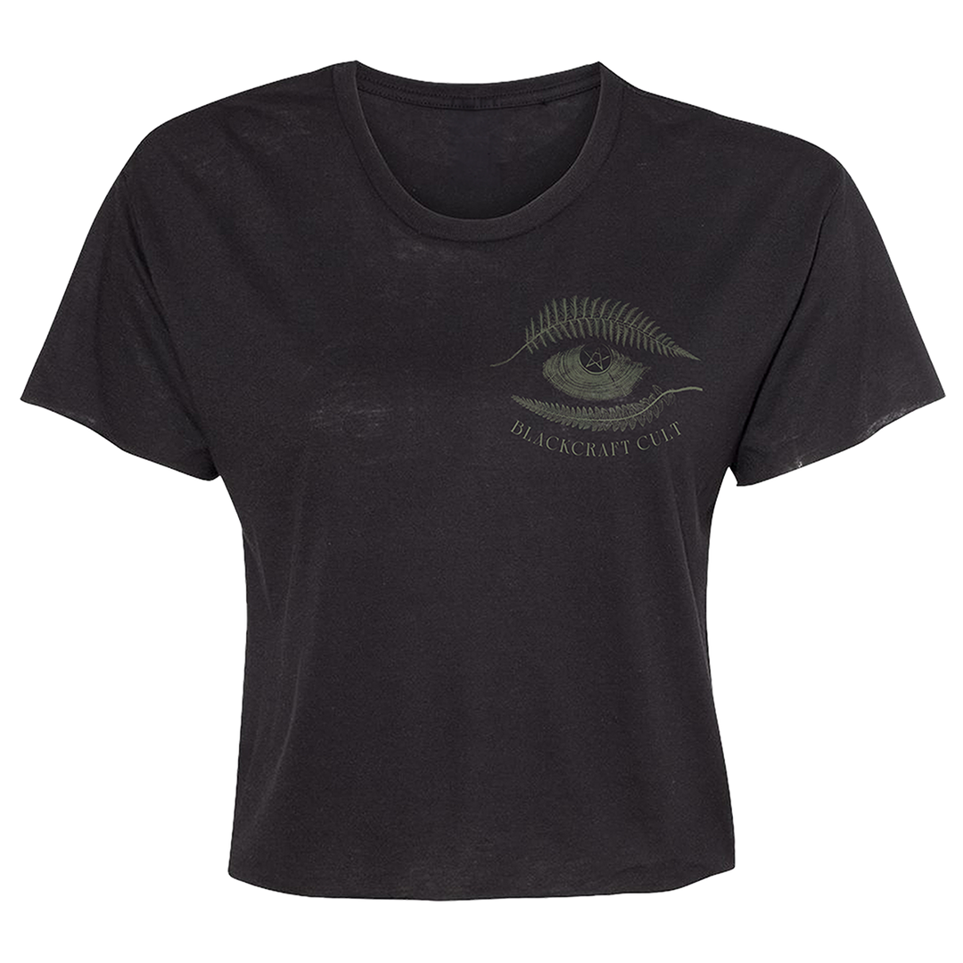 A loose fit black Blackcraft cropped top with custom plant witch artwork on the front and back.
