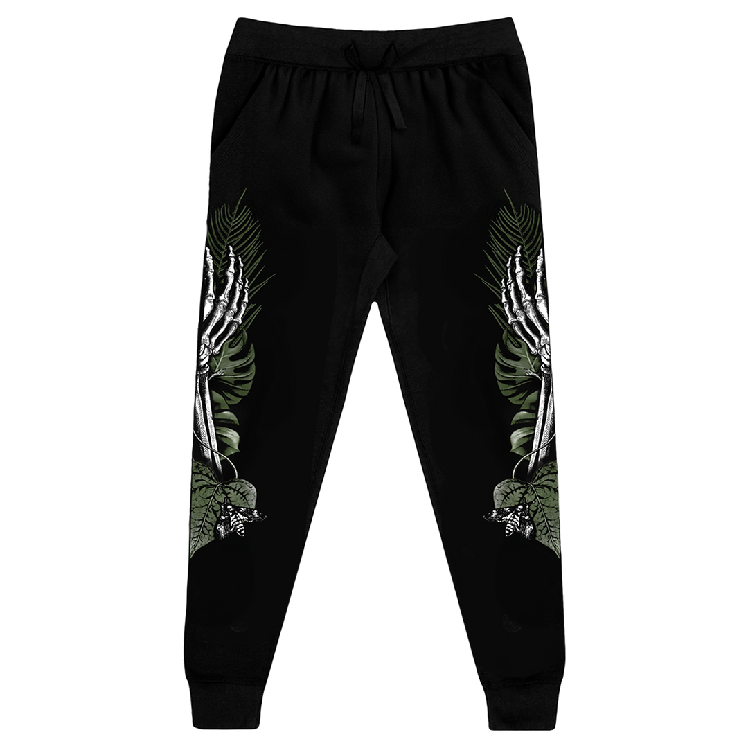 Classic black joggers with custom plant witch artwork along the sides, from Blackcraft.