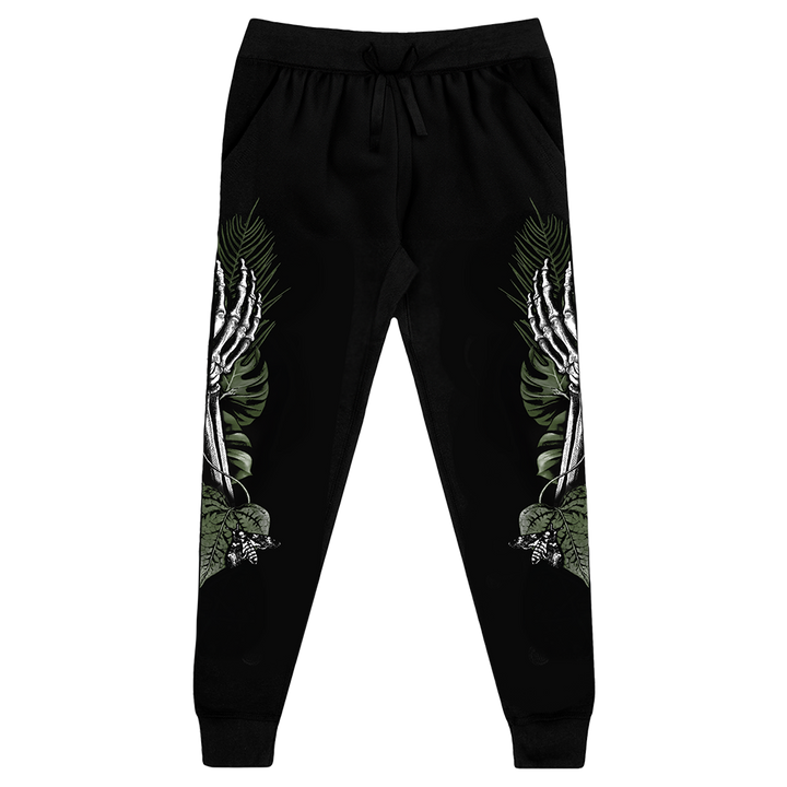 Classic black joggers with custom plant witch artwork along the sides, from Blackcraft.