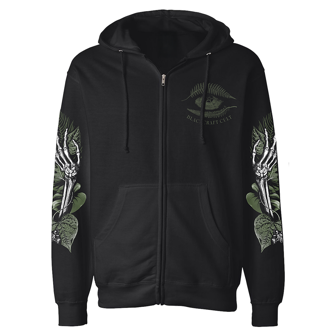 A classic fit black Blackcraft zip up hoodie with custom plant witch artwork on the front, back, and along the sleeves.