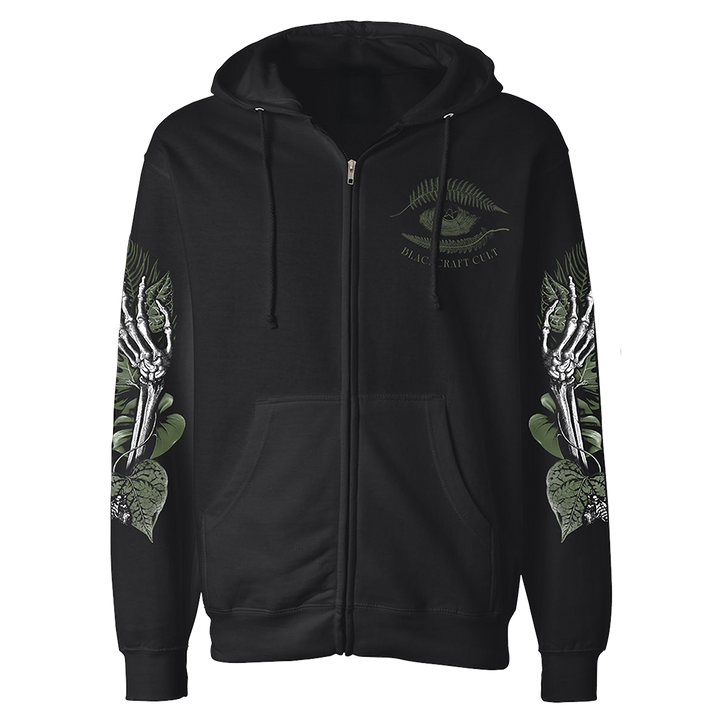 A classic fit black Blackcraft zip up hoodie with custom plant witch artwork on the front, back, and along the sleeves.