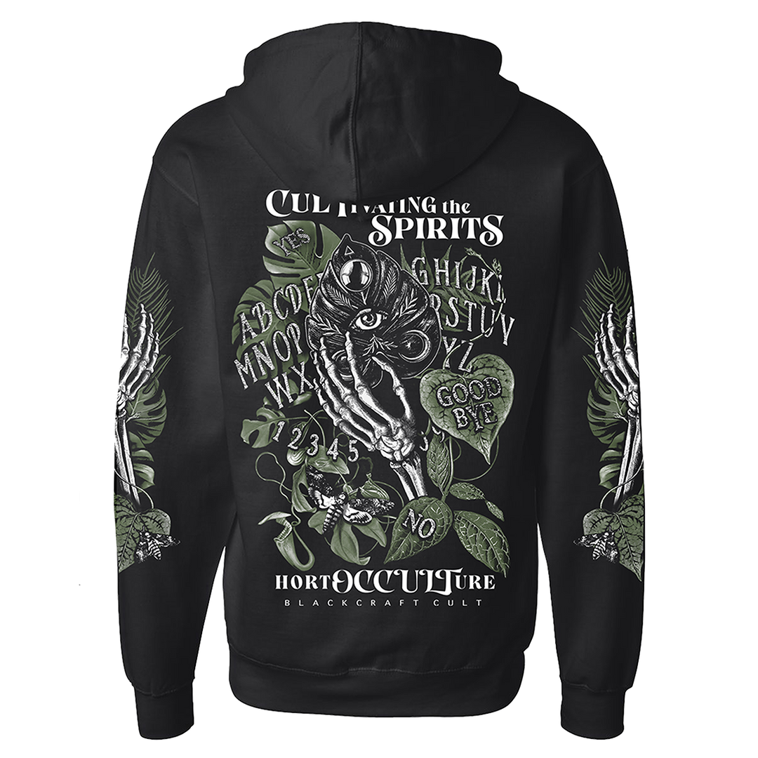A classic fit black Blackcraft zip up hoodie with custom plant witch artwork on the front, back, and along the sleeves.