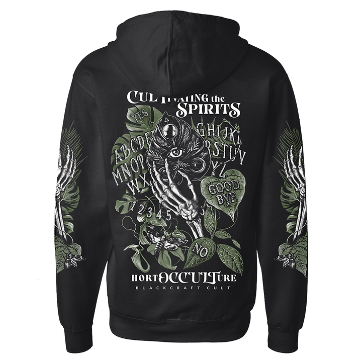 A classic fit black Blackcraft zip up hoodie with custom plant witch artwork on the front, back, and along the sleeves.