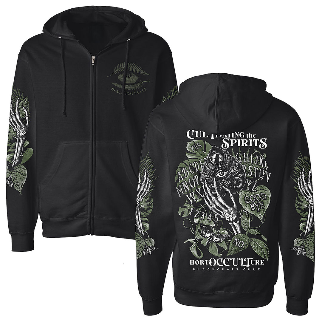 A classic fit black Blackcraft zip up hoodie with custom plant witch artwork on the front, back, and along the sleeves.