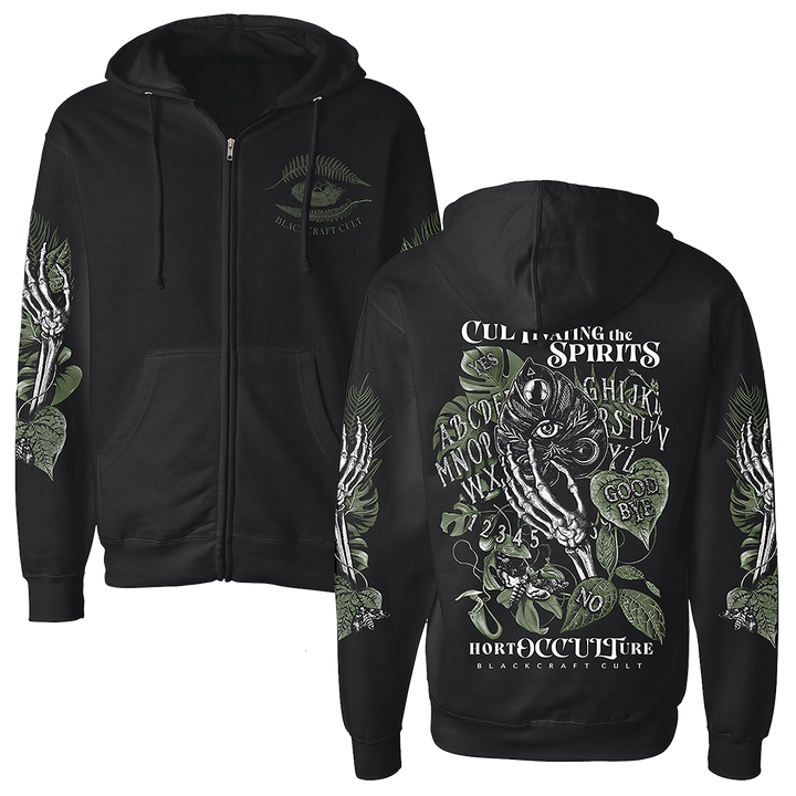 A classic fit black Blackcraft zip up hoodie with custom plant witch artwork on the front, back, and along the sleeves.