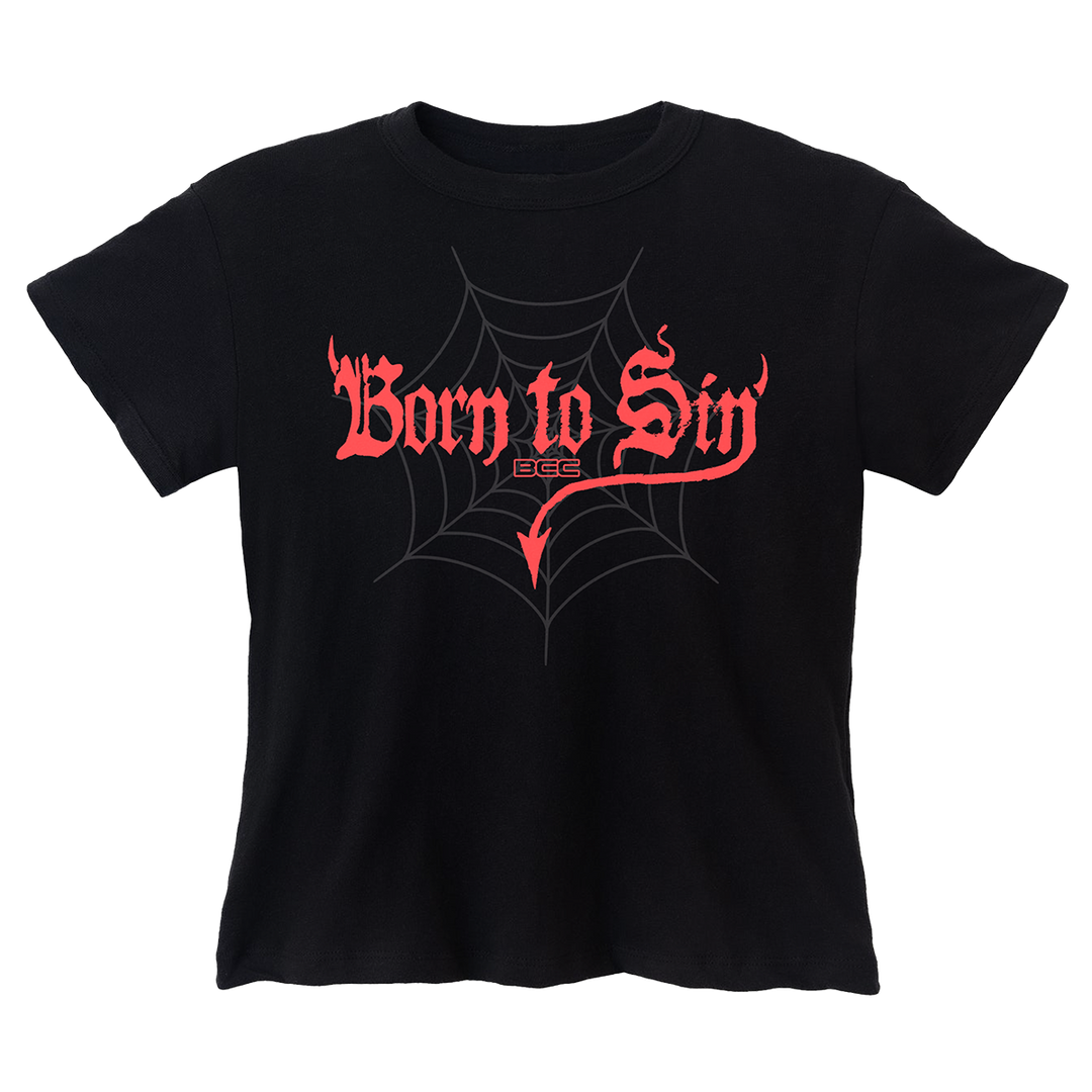 A classic black relaxed fit crop tee with custom Born to Sin artwork on the front, from Blackcraft.