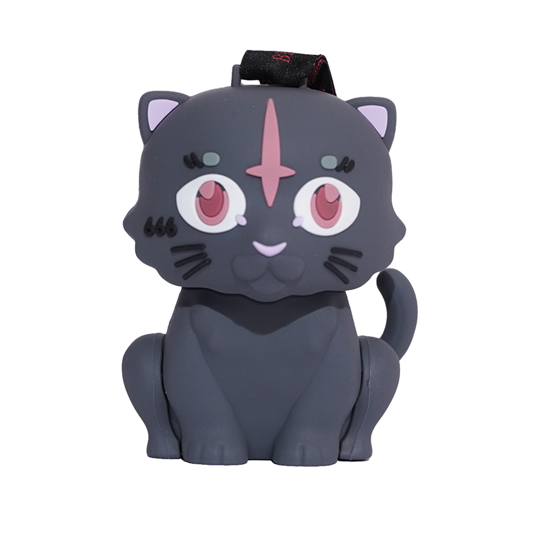A dark gray cat-shaped figurine with cute pink and white details.