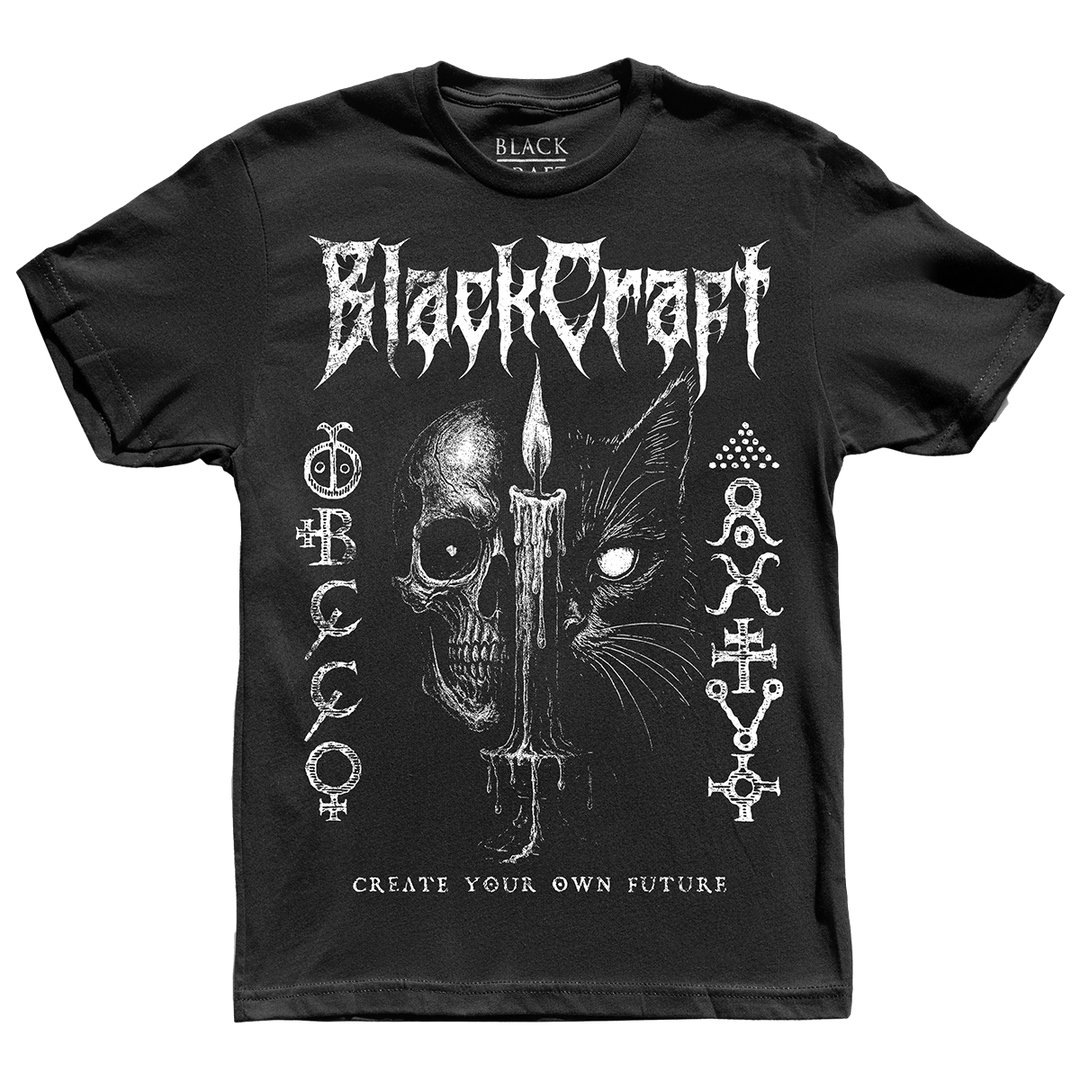 A classic black cotton tee with custom Blackcraft artwork across the front. 