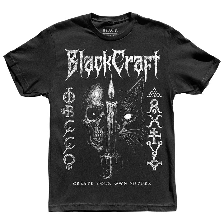 A classic black cotton tee with custom Blackcraft artwork across the front. 
