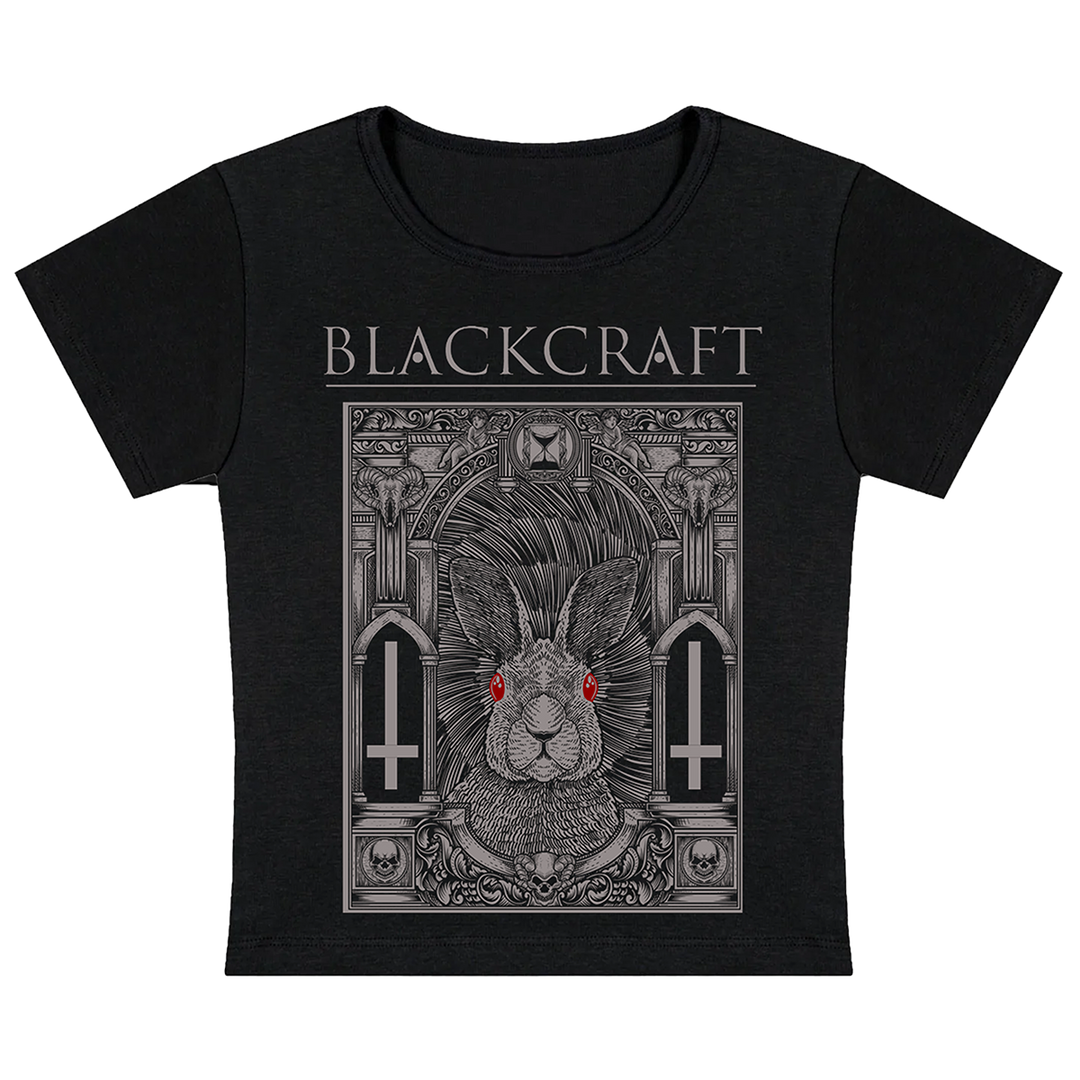 A black cotton slim fit baby ribbed crop tee with custom Blackcraft artwork on the front.