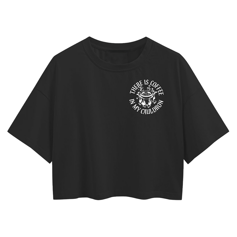 A flowing relaxed black crop tee with short sleeves and custom artwork from Blackcraft.