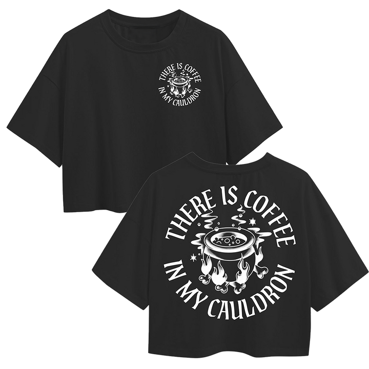 A flowing relaxed black crop tee with short sleeves and custom artwork from Blackcraft.