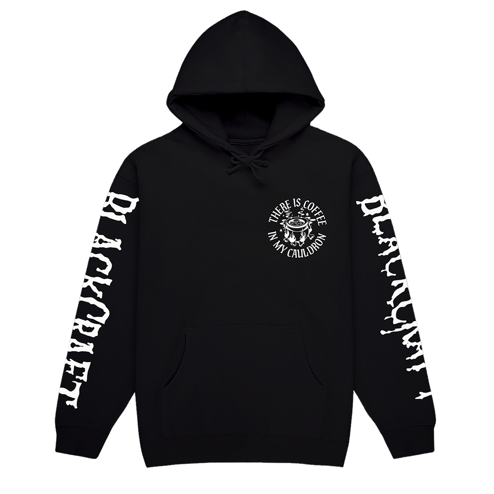 A classic black zip up hoodie with custom Blackcraft coffee in my cauldron artwork on the front, back, and along the sleeves.