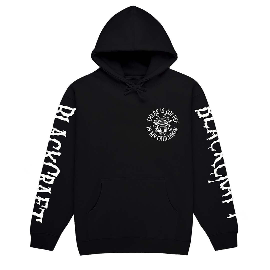 A classic black zip up hoodie with custom Blackcraft coffee in my cauldron artwork on the front, back, and along the sleeves.