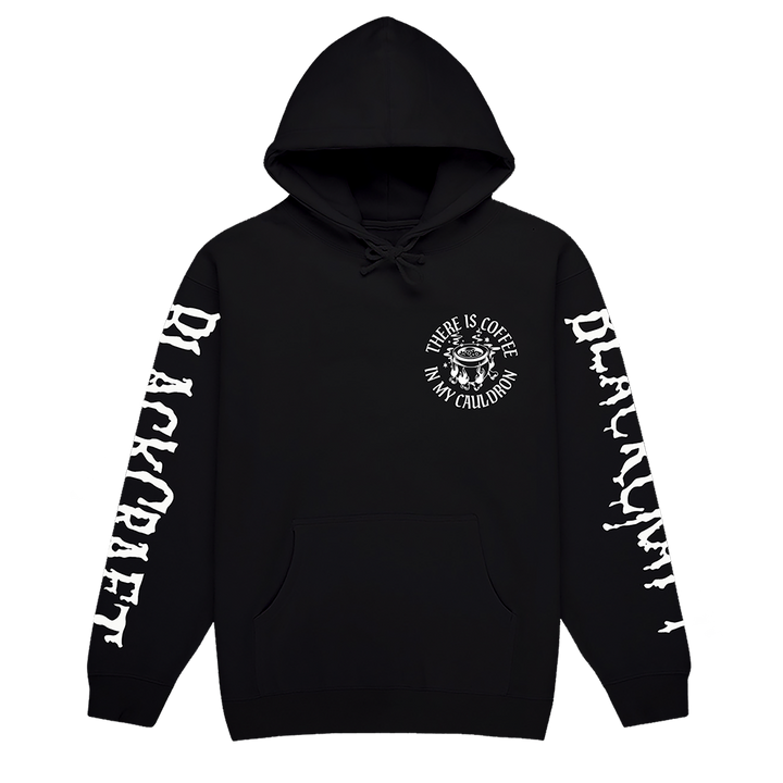 A classic black zip up hoodie with custom Blackcraft coffee in my cauldron artwork on the front, back, and along the sleeves.
