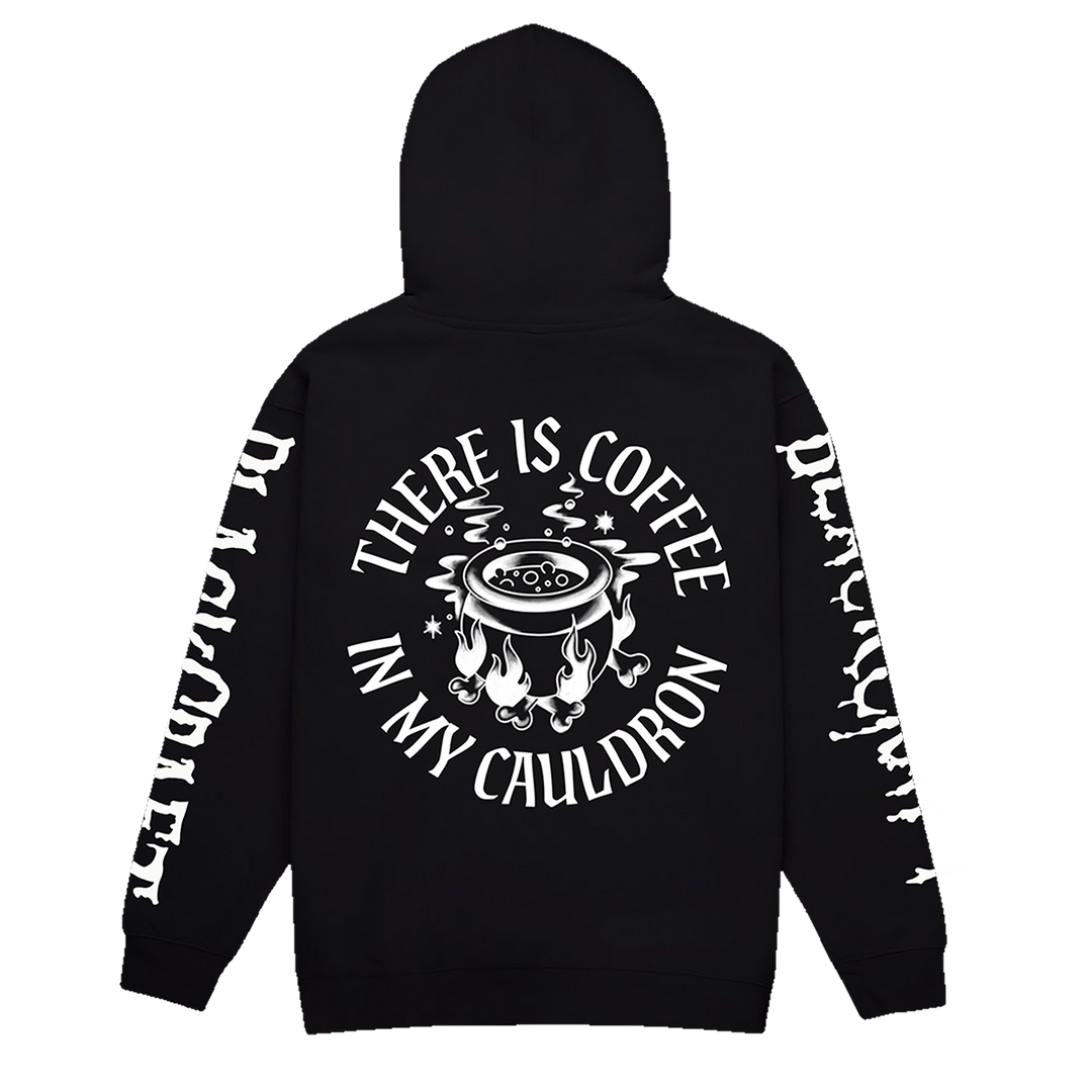 A classic black zip up hoodie with custom Blackcraft coffee in my cauldron artwork on the front, back, and along the sleeves.