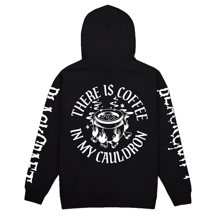 A classic black zip up hoodie with custom Blackcraft coffee in my cauldron artwork on the front, back, and along the sleeves.