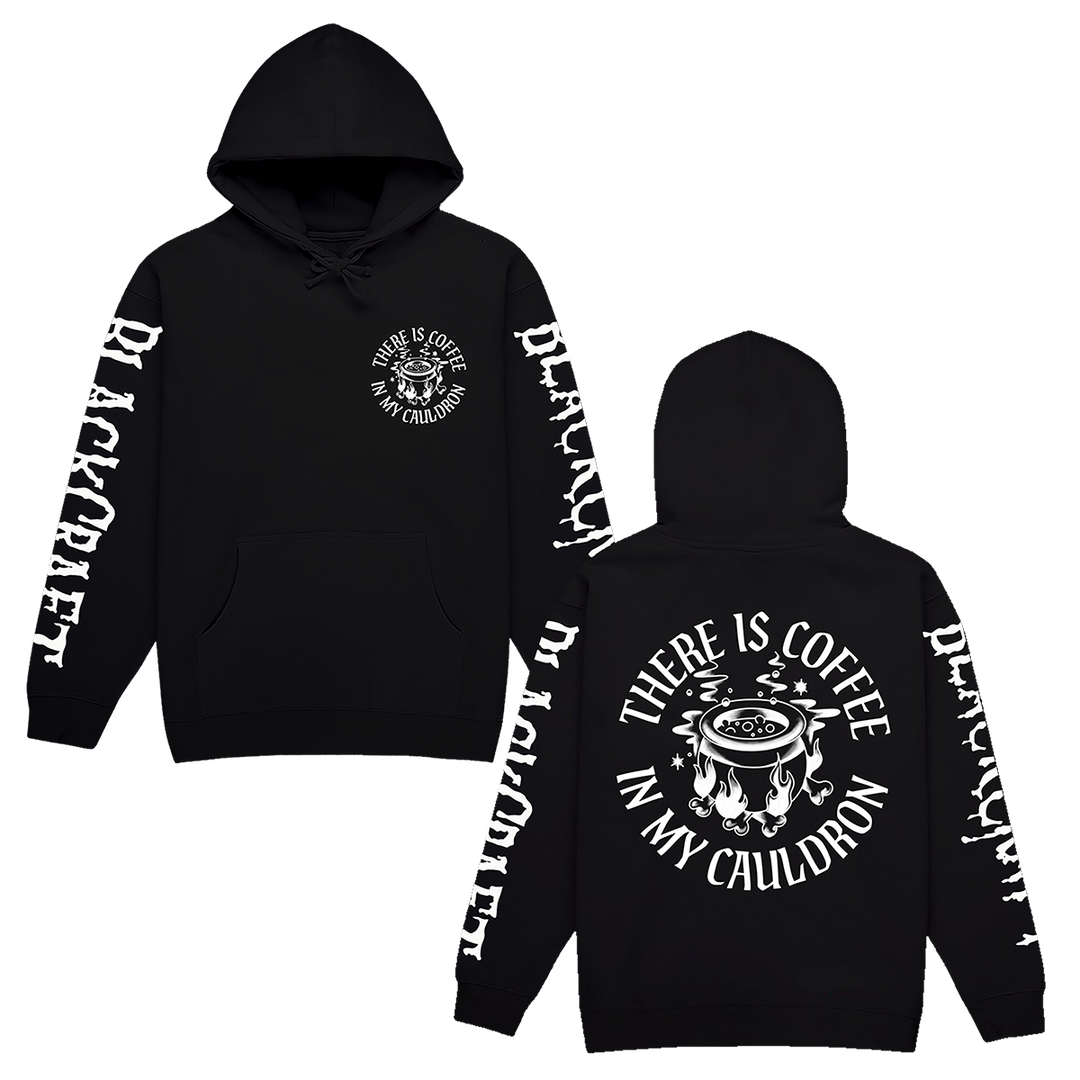 A classic black zip up hoodie with custom Blackcraft coffee in my cauldron artwork on the front, back, and along the sleeves.