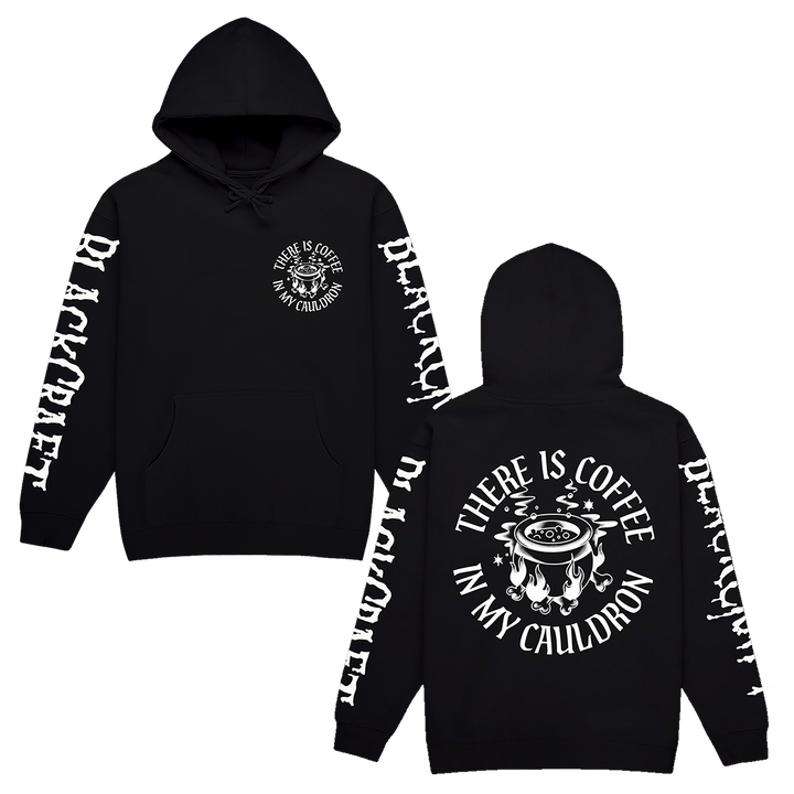 A classic black zip up hoodie with custom Blackcraft coffee in my cauldron artwork on the front, back, and along the sleeves.