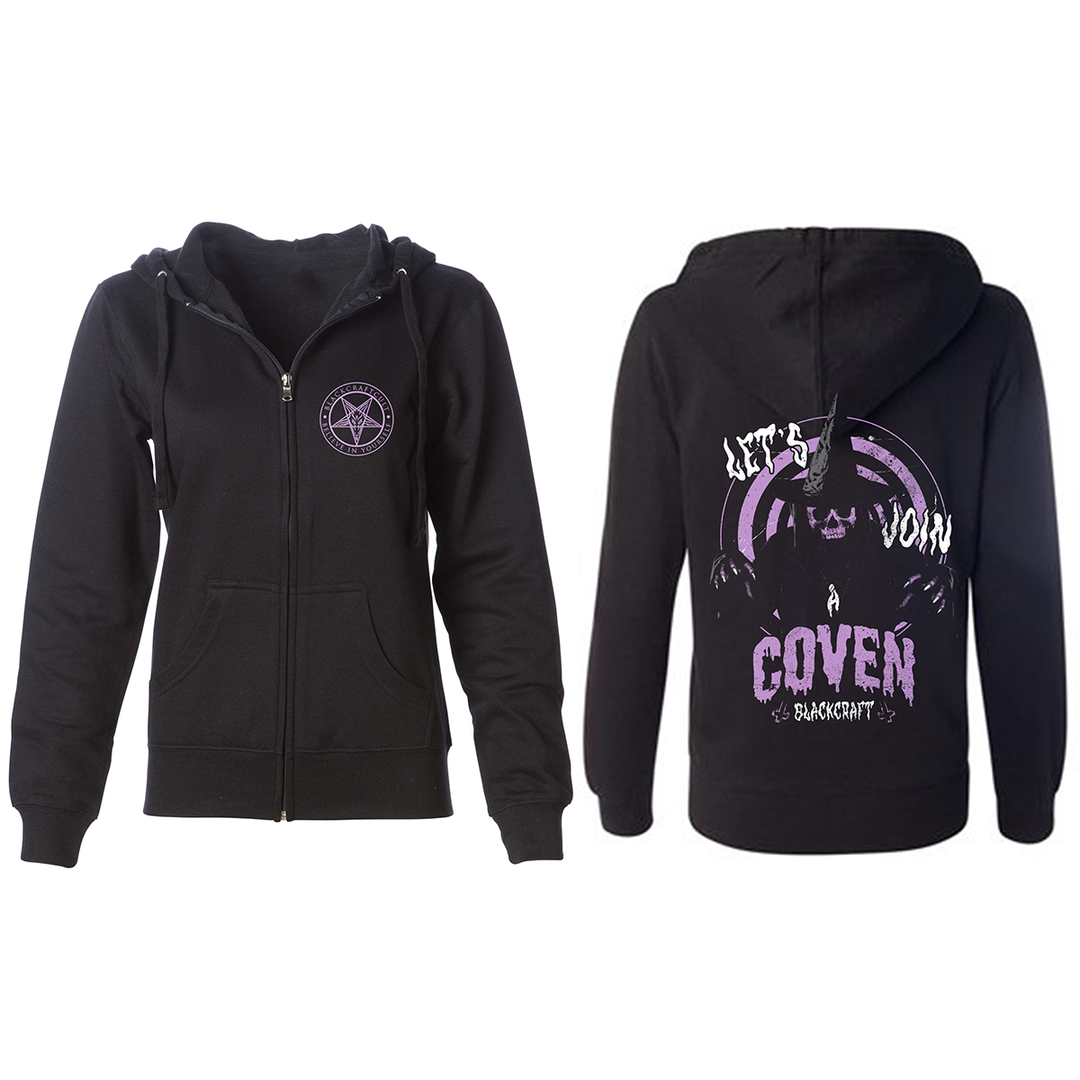 A women's black zip up hoodie with custom purple Blackcraft artwork