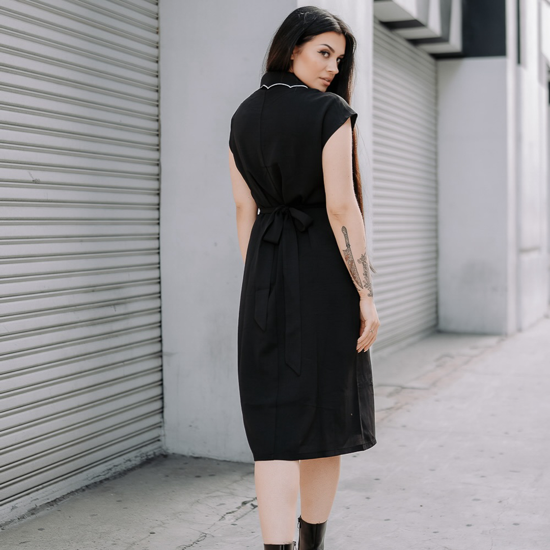 black dresses merch Black Cotton T-Shirt Mini Dress with Shoulder Pads