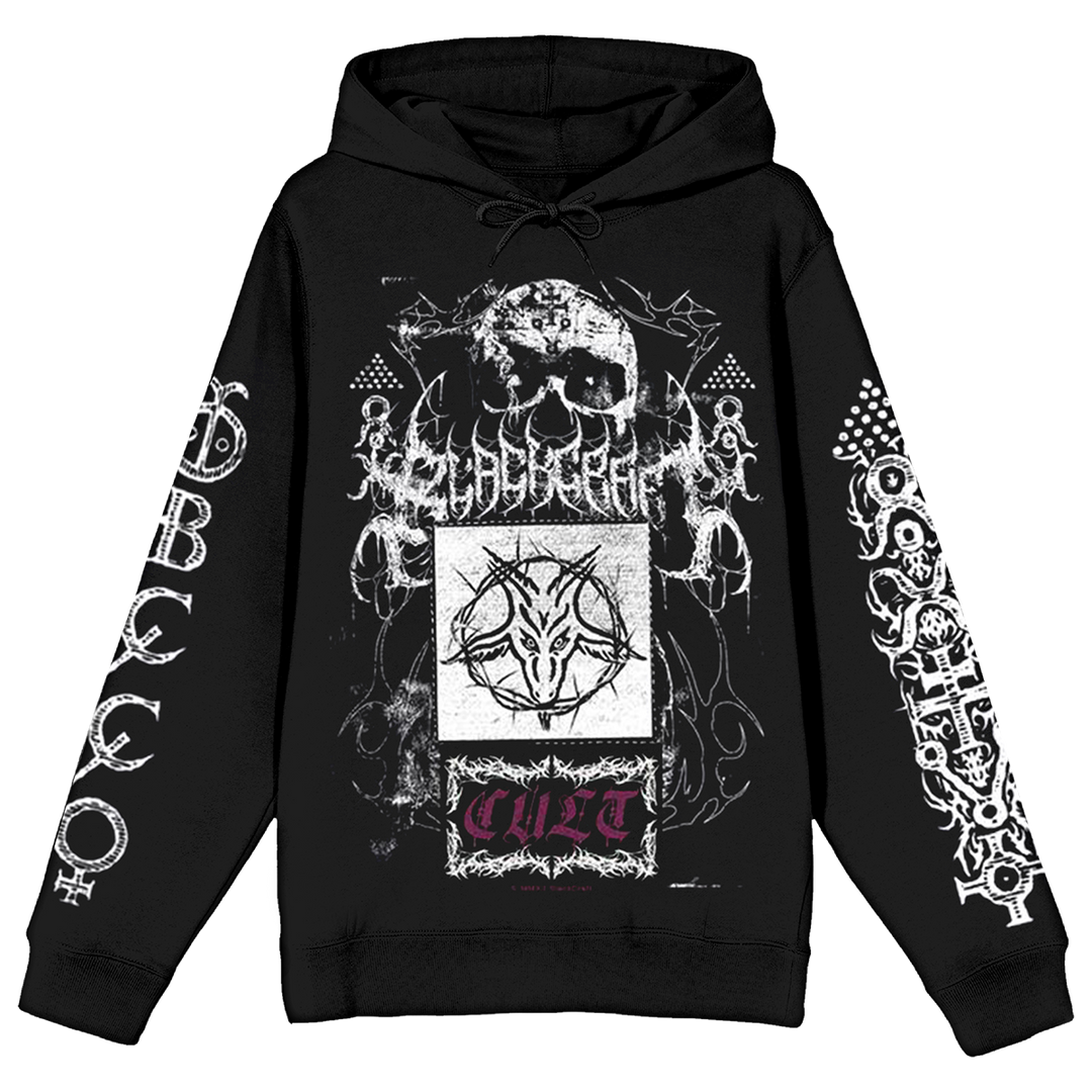 A classic black pullover hoodie with custom Blackcraft artwork on the front and along the sleeves. 