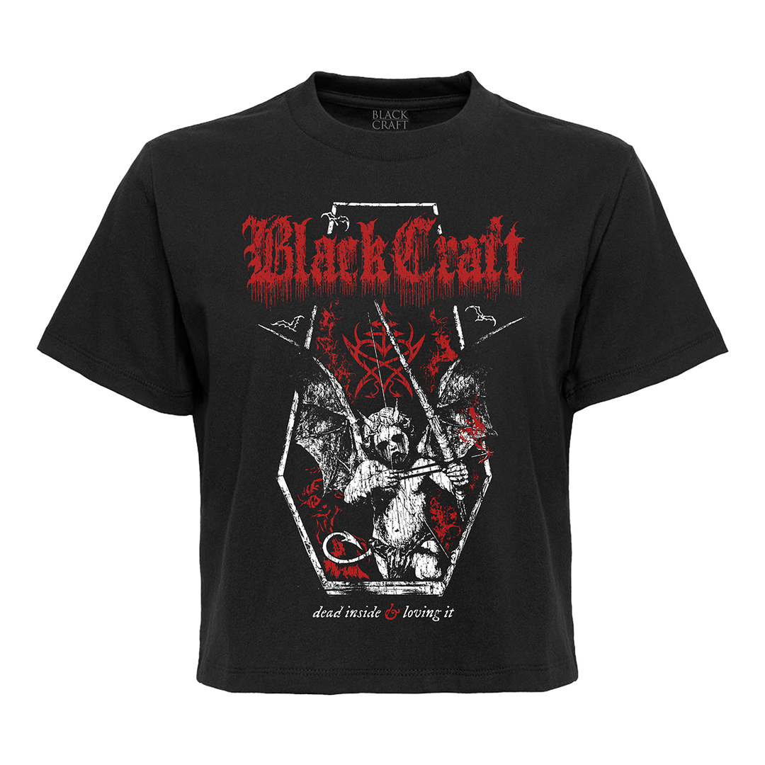 A black heavyweight cotton boxy tee with a slightly cropped length and custom Blackcraft artwork on the front. 