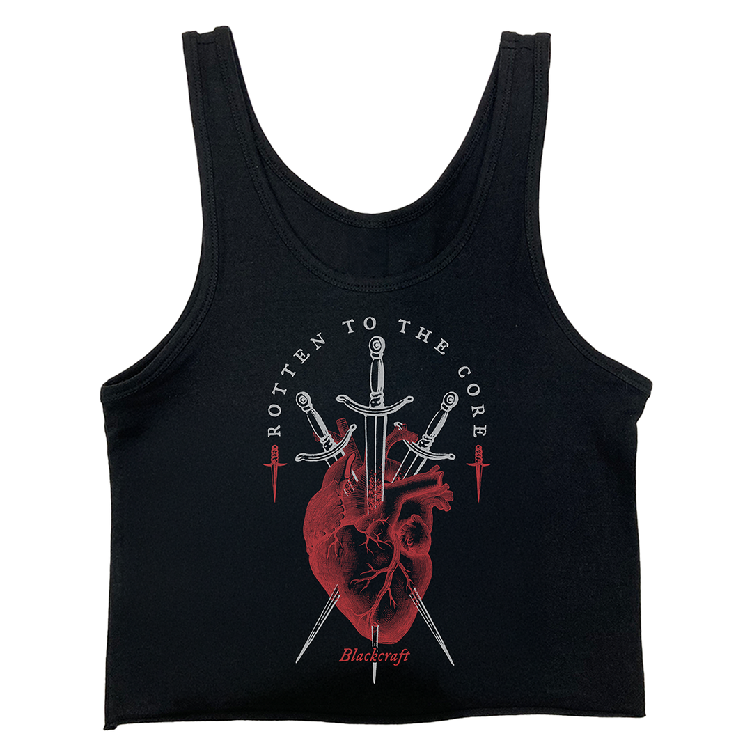 A black slim fit cropped tank top with custom heart daggers artwork on the front, from Blackcraft.