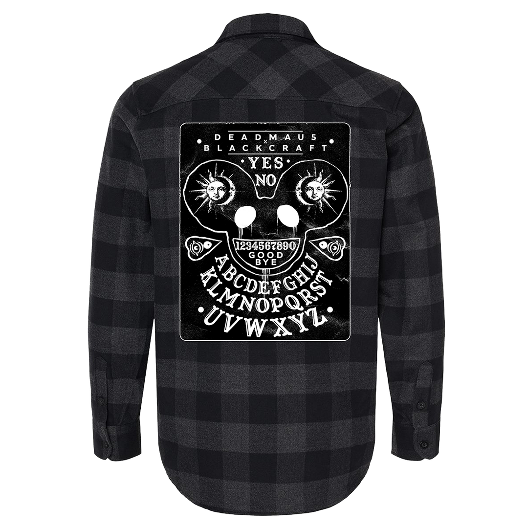 A grey and black checked flannel shirt with custom Deadmau5 x Blackcraft artwork on the back.