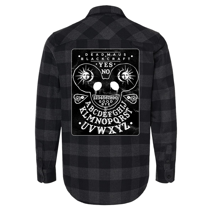 A grey and black checked flannel shirt with custom Deadmau5 x Blackcraft artwork on the back.